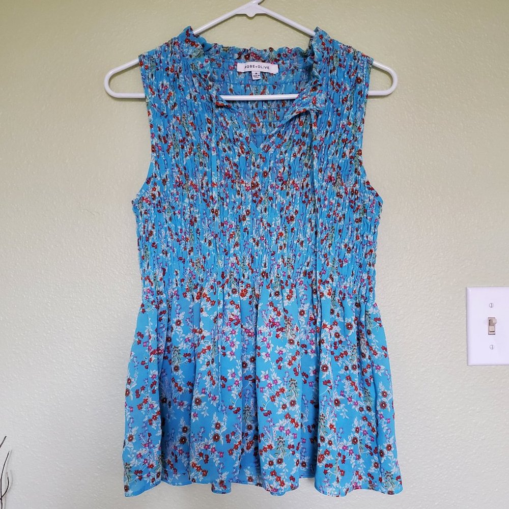 Rose + Olive blue floral sleeveless blouse